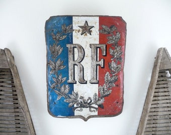 Vintage French Sign, Antique Metal Sign, French Flag Holder, French Flag Industrial Sign, French Wall Decor