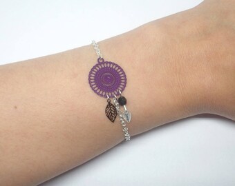 Bracelet purple silver black rose Czech glass leaf beads prints tendace modern marriage ceremony chic creation Odacassie