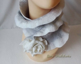 Felted Scarf READY TO SHIP Felt Wool Scarf Boho Scarf Nuno Felted Scarf with Felted Floral Brooch Neckpiece Eco Felt Scarf Gift for her