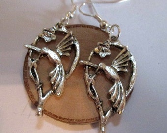 Hummingbird w/Flower Silver Earrings