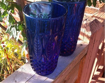 Vintage Cobalt Blue Glass Drinking Glasses Made in France