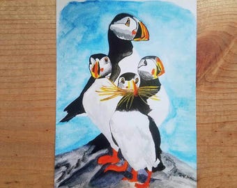 The PUFFINS Family JUMBO 5.5 x8.5 POSTCARD Watercolor Art Print By Scott D Van Osdol Coastal Ocean Sea Shore Bird Wildlife Abstract Painting