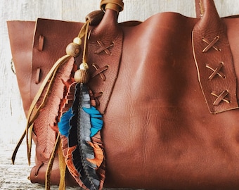 Leather Feather Necklace with Vintage Wooden Beads in Cinnamon , Dark Brown , and Turquoise by Stacy Leigh