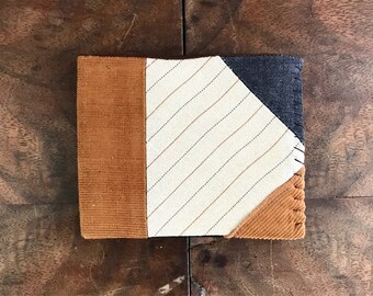 Beige Pinstripe Wool, Camel Corduroy and Charcoal Denim Bifold Mens Wallet with Brown and Black Interior v. 2