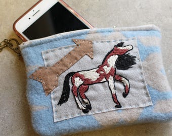 Hand Embroidered Folk Art Wristlet-Wild and Free Paint-Made with Pendleton Wool-Cell Phone-Money Holder