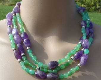 Vintage Ross Simons MRF Signed 925 Aventurine Amethyst 3 Strand Necklace 991861