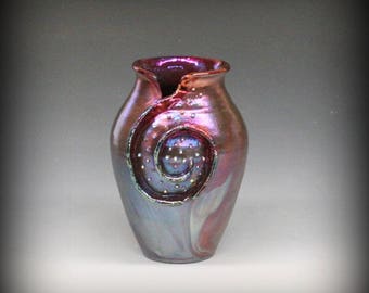 Raku Vase with Spiral in Metallic Iridescent Colors