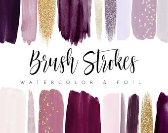 Watercolor Brush Strokes Clip Art Watercolor Shapes Beautiful Aubergine Purple Shades Gold Foil Dusty Rose Blush Burgundy Merlot Watercolor