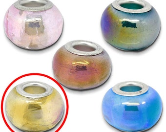 Champagne Yellow Aurora Borealis Glass Lampwork Large Hole Bead fits European Style Charm Bracelets and Necklaces, Irridescent AB Glass Bead