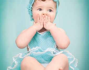 Sheer Swiss Dot Vintage Style Baby Dolly Valentine Heart Sun Suit Romper Aqua Blue