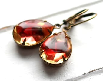 Estate Style Red Gold Glass Earrings, Antique Brass Leverback, Vintage Multicolor Glass Teardrop, Pink, Rose, Red, Yellow Czech Glass