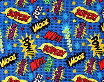 Novelty Comic Words, zoom, pow, wham fabric, By the Half Yard, 44" wide, 100% cotton, novelty fabric, superhero fabric, boy fabric,