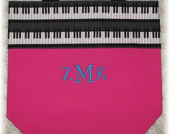 PIANO music lesson book bag, hot pink canvas tote bag personalized MONOGRAM for kids child recital birthday gift idea keyboard embroidered