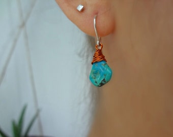 Turquoise wire wrapped earrings, turquoise earrings, natural turquoise earrings, turquoise jewelry, copper wire wrapped jewelry, silver hook