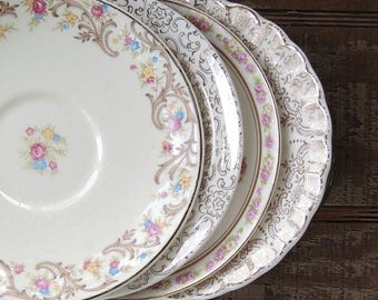 Shabby Rose Cottage Chic Mismatched Saucers Set of 4 Tea Party Wedding Cottage Chic Vintage Bridesmaid Inspired, Replacement China