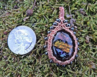 OOAK Beaded Wire Wrapped Pendant with Kiln Fired Glass Cabochon