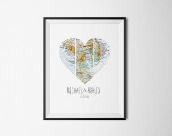Map Heart Art, Husband Gift, Wife Gift, Unique Wedding Gift, for Couple, Anniversary Gift, Personalized Map, Heart Map Print, Personalized.