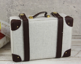 Doll BJD Dollfie Vintage Leather Miniature suitcase Trunk Bag - White & Brown Leather strips