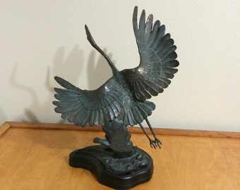 Metal Sculpture Crane Taking Off in Flight - Signed Burn 1985