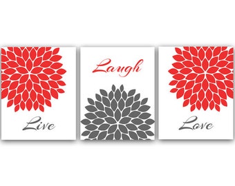 Home Decor Wall Art, Live Laugh Love, Coral and Gray Art, Digital Download, Flower Burst, Printable Wall Art - HOME17