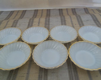 7 Vintage Anchor Hocking Fire King White Swirl Milk Glass Scalloped with Gold Trim Berry Desert Bowls