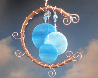 Stained Glass Wind Chime, Blue Moon, Teal, Home Decor, Garden Art, Full Moon, Celestial, Mobile, Window Hanging, Porch Hanging, Sculpture