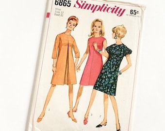 Shop SALE Vintage 1960s Womens Size 12 One Piece Mod A-Line Dress Simplicity #6865 Sewing Pattern Complete bust 32 waist 25"