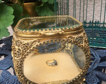 Vtg Ormolu Filigree Jewelry Box Casket 4 Sided Beveled Clear Glass
