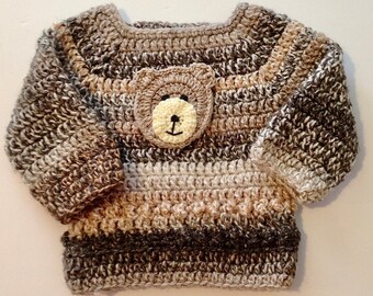Crochet Jumper for a baby boy - variegated cream and brown - Birth - 3 months