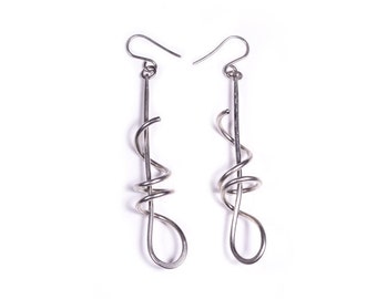Silver spiral earrings, modern long earrings, original curved dangle, made in Italy