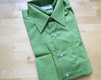 1960s 1970s Men's Olive Green Dress Shirt by Van Heusen Century - Size 16/33 NOS Deadstock French Cuffs (B3)