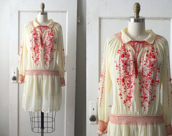 Vintage 1920s Embroidered Peasant Dress / 20s Yellow and Red Cotton Day Dress / Bohemia Dress