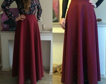 Burgundy Maxi Skirt, Flared Long Woman Skirt, Maxi Skirt with pockets, Marsala Long Skirt