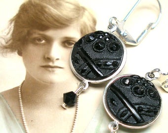 Lacy Antique BUTTON earrings, Victorian black glass with ribbon. One of a kind button jewellery.