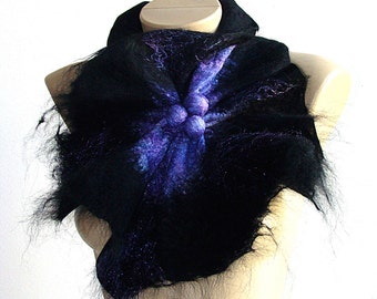 Multicolor purple Black Felted Wool Scarf Neckpiece Collar. Felted Wrap scarf. Chunky scarf Shibori