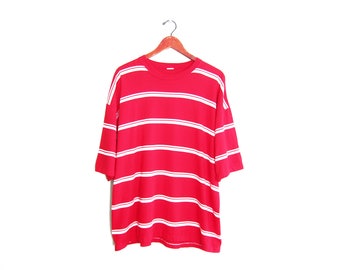 vintage t shirt / striped t shirt / oversize t shirt / 1990s red and white oversize baggy striped t shirt XL