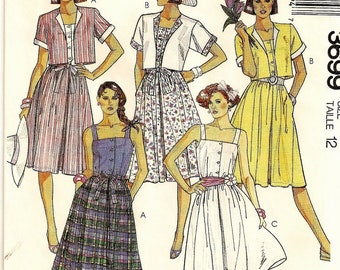 A Buttoned Bodice w/Shoulder Straps, Full Skirt, Side Pocket Dress & Boxy Jacket Pattern for Women: Uncut - Size 12 Bust 34" • McCall's 3699