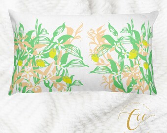 Lemon Plant Floral Fruit Cushion Pillow Cover, Green Yellow White Throw Decorative Garden Home Decor Cushion Pillow Cover, by Calm Cozy Chic