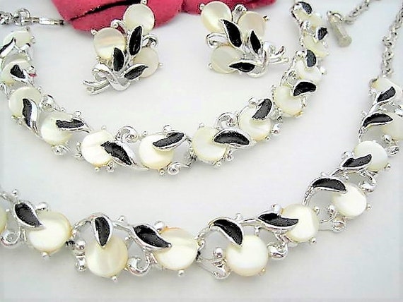 Mother of Pearl Jewelry Set, Black Enamel, Silver Necklace Bracelet Earrings
