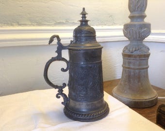 Handsome German Pewter Lidded Tankard with intricate engraved detail