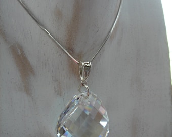 Long silver necklace, pendant Swarovski element, Sterling Silver