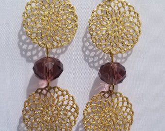 Amethyst Glass/Unakite Glass/Filigree Metal Earring/14KGP Ear Hook
