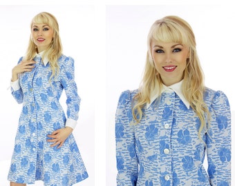 60s Floral Dress Blue White Sixties Mod Vintage Cute Buttons Fall Dress A-line 1960s 70s 1970s Small S Medium M