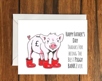 Happy Father's Day Piggy Bank, Cute, Blank greeting card A6
