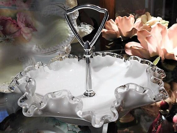 Fenton Milk Glass Bon Bon Serving Dish /Silver Crest