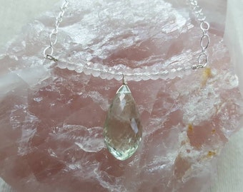 Prasiolite and Rose Quartz Bar Necklace / Green Amethyst / Rose Quartz / Sterling Silver Necklace / Bar Necklace / Gift for Her