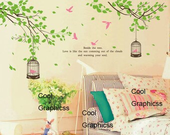 branch wall decal children wall decal nursery wall decal birds decal Vinyl Wall Decal Wall Sticker - Two Branches with birds cage