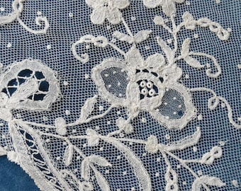 Antique Hand Made Applied Brussels Lace Trim- 170 x 26 cm