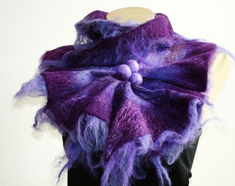 Multicolor purple Felted Wool Scarf Neckpiece Collar. Felted Wrap scarf. Chunky scarf Shibori