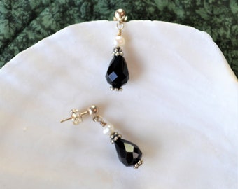 Black Swarovski Teardrops with White Freshwater Pearl Earrings